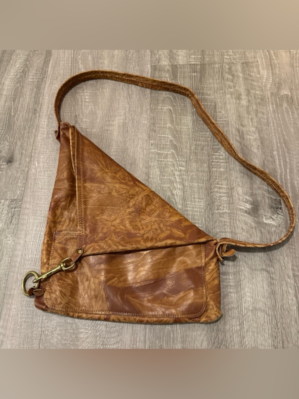 Handmade Leather Crossbody Bag Embossed Boho Artisan Foldover Brown Purse